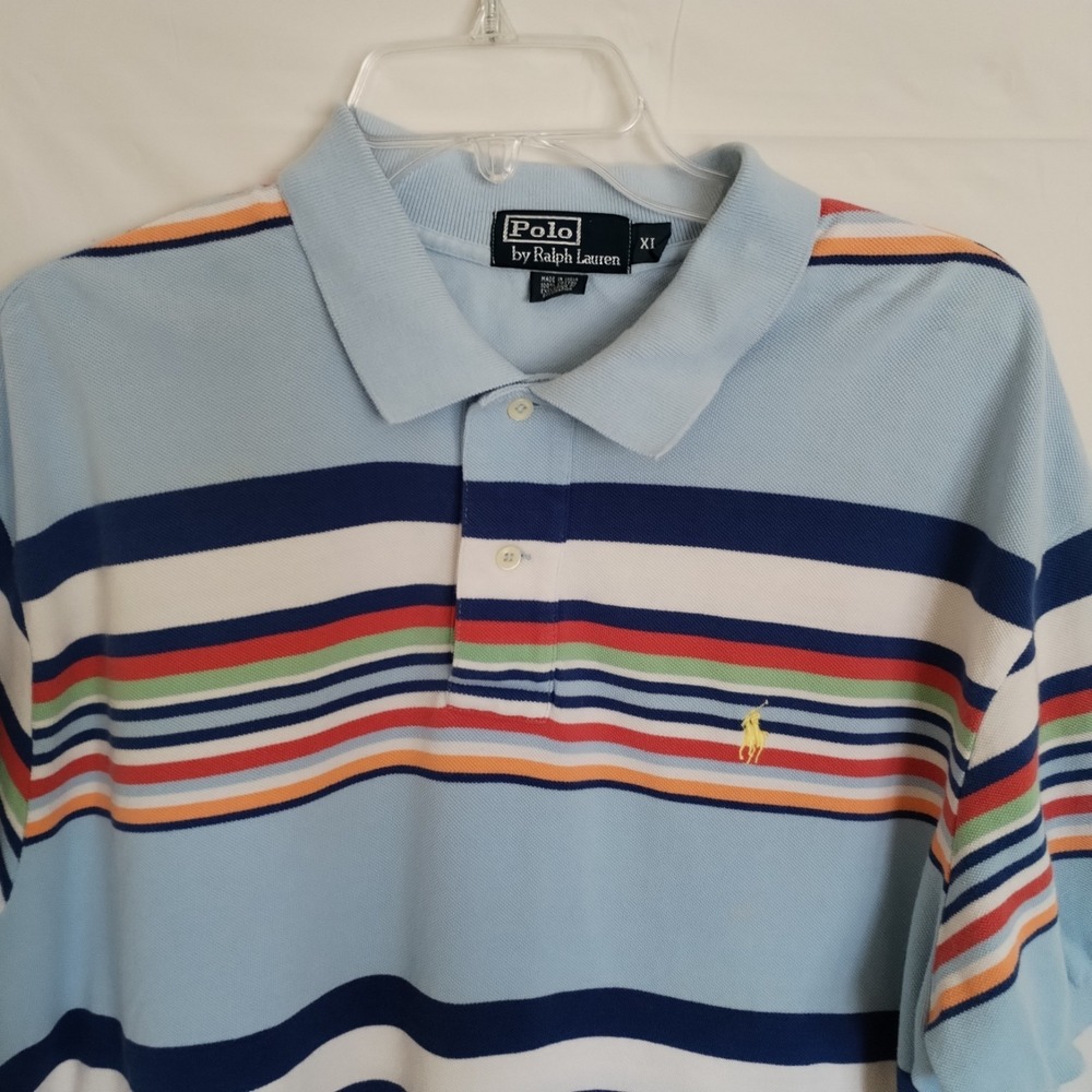 Polo Ralph Lauren Pique Polo Shirt XL Blue Horizontal Rugby Deck Stripe Y2K - Picture 2 of 8